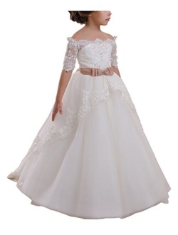 Elegant Flower Girl Lace Beading First Communion Dress 2-12 Years Old