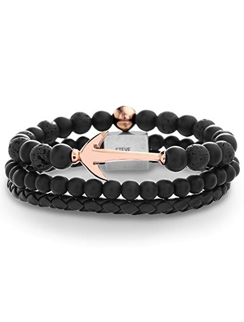 Steve Madden 8 inch Rose Gold IP Stainless Steel Anchor Design Black Lava Stone Beaded Trio Bracelet Set For Men, One Size (SMBS598824TQ-LS)