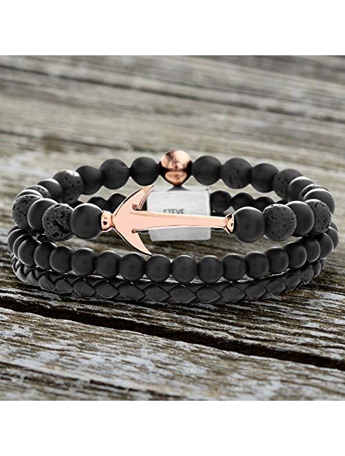 Steve Madden 8 inch Rose Gold IP Stainless Steel Anchor Design Black Lava Stone Beaded Trio Bracelet Set For Men, One Size (SMBS598824TQ-LS)