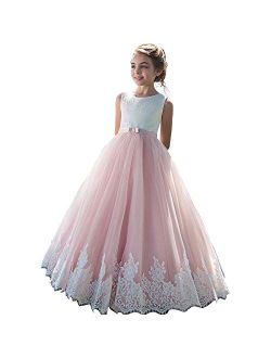 Fancy Lace Embroidery Flower Girl Dress Floor Length Tulle Pageant Ball Gowns