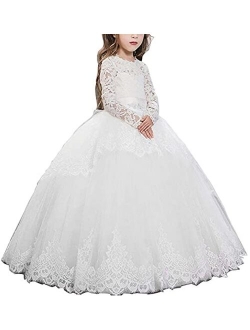 Lace Long Sleeves Tulle Ball Gown Pageant Flower Girl First Communion Dresses