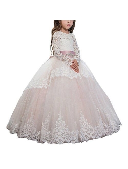 Lace Long Sleeves Tulle Ball Gown Pageant Flower Girl First Communion Dresses