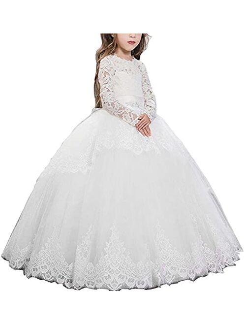 Abaowedding Lace Long Sleeves Tulle Ball Gown Pageant Flower Girl First Communion Dresses