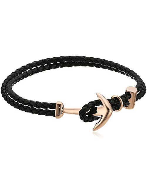 Steve Madden Woven Leather 7.25 Inch Anchor Hook Bracelet for Men in Stainless Steel