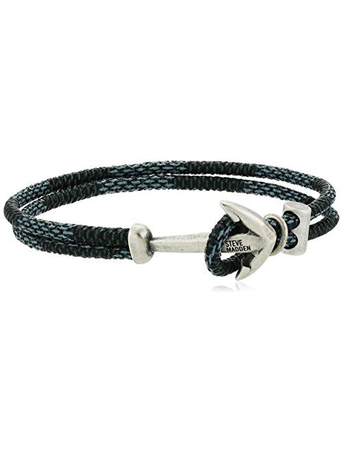 Steve Madden Woven Leather 7.25 Inch Anchor Hook Bracelet for Men in Stainless Steel