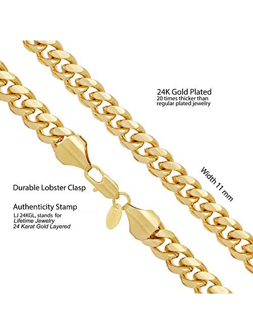 LIFETIME JEWELRY 11mm Cuban Link Chain Necklace for Men & Teen 24k Gold Plated