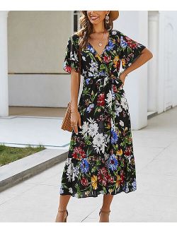 Black Floral Tie-Waist Surplice Maxi Dress - Women