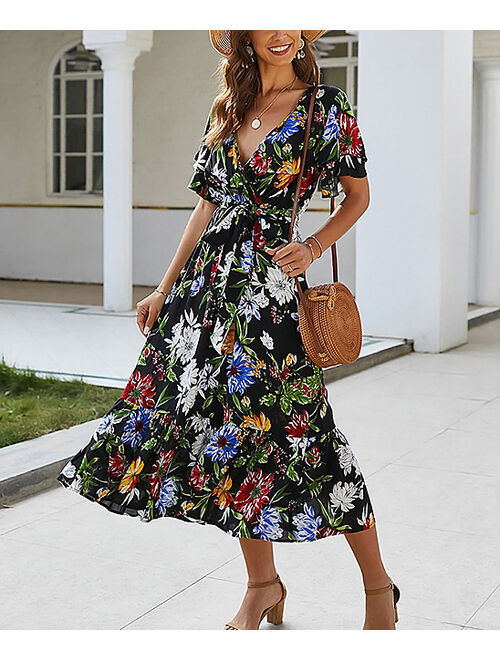 Black Floral Tie-Waist Surplice Maxi Dress - Women