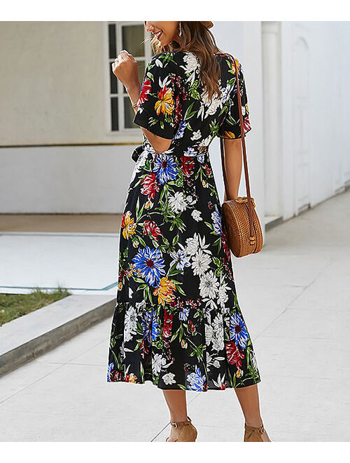 Black Floral Tie-Waist Surplice Maxi Dress - Women