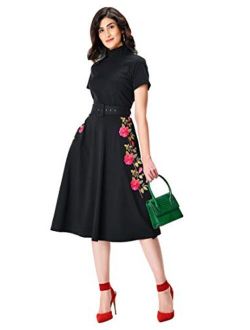 FX Floral Vine Embroidery Cotton Knit Belted Dress