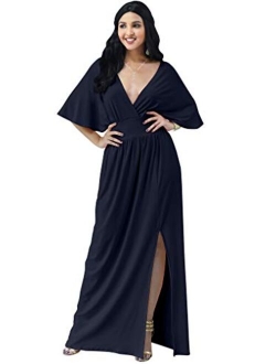 Womens Long Sexy Kimono Short Sleeve Slit Wrap V-Neck Gowns Maxi Dress