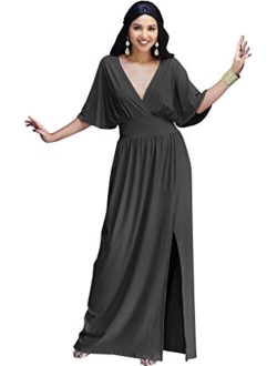 Womens Long Sexy Kimono Short Sleeve Slit Wrap V-Neck Gowns Maxi Dress