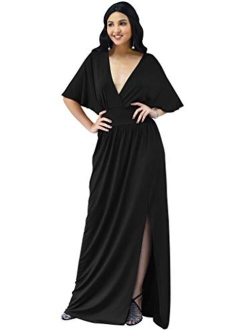 Womens Long Sexy Kimono Short Sleeve Slit Wrap V-Neck Gowns Maxi Dress