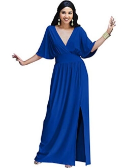 Womens Long Sexy Kimono Short Sleeve Slit Wrap V-Neck Gowns Maxi Dress