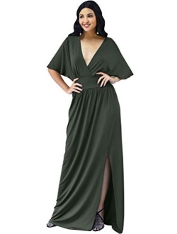 Womens Long Sexy Kimono Short Sleeve Slit Wrap V-Neck Gowns Maxi Dress