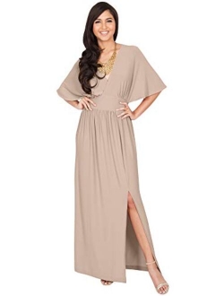 Womens Long Sexy Kimono Short Sleeve Slit Wrap V-Neck Gowns Maxi Dress