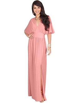 Womens Long Sexy Kimono Short Sleeve Slit Wrap V-Neck Gowns Maxi Dress