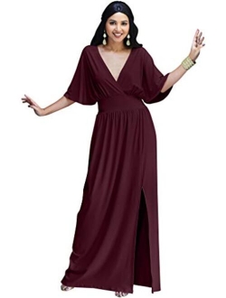 Womens Long Sexy Kimono Short Sleeve Slit Wrap V-Neck Gowns Maxi Dress