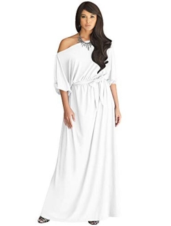 Womens Long Sexy One Shoulder Flowy Casual 3/4 Short Sleeve Maxi Dress