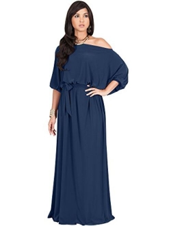 Womens Long Sexy One Shoulder Flowy Casual 3/4 Short Sleeve Maxi Dress