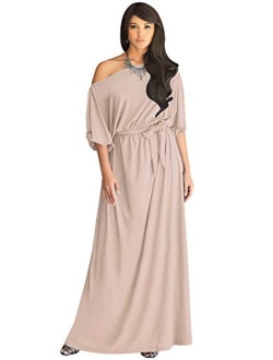 Womens Long Sexy One Shoulder Flowy Casual 3/4 Short Sleeve Maxi Dress