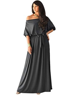 Womens Long Sexy One Shoulder Flowy Casual 3/4 Short Sleeve Maxi Dress