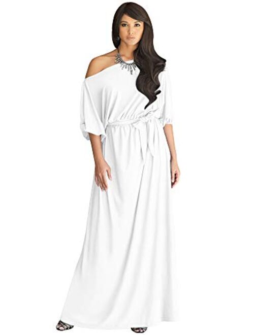 KOH KOH Womens Long Sexy One Shoulder Flowy Casual 3/4 Short Sleeve Maxi Dress