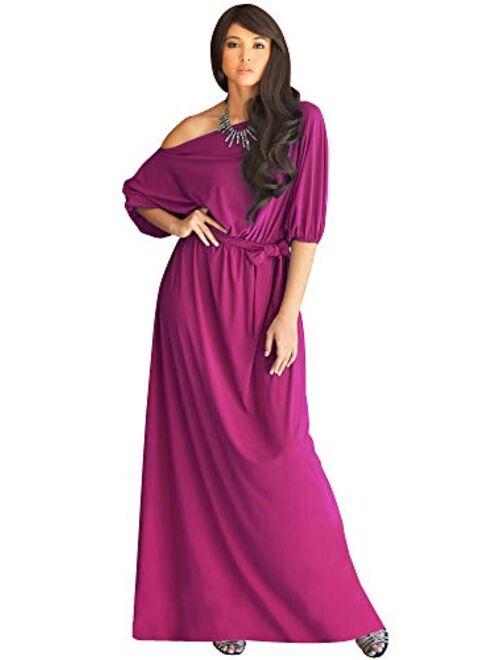 KOH KOH Womens Long Sexy One Shoulder Flowy Casual 3/4 Short Sleeve Maxi Dress