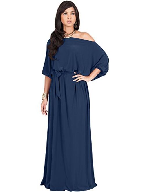 KOH KOH Womens Long Sexy One Shoulder Flowy Casual 3/4 Short Sleeve Maxi Dress