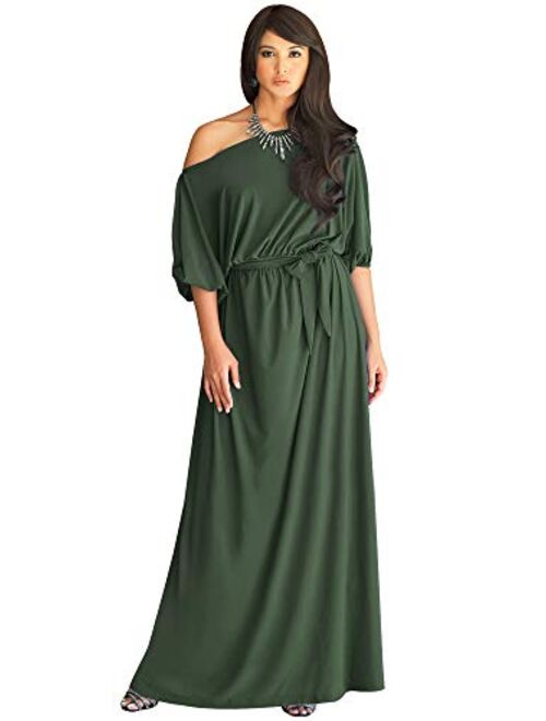 KOH KOH Womens Long Sexy One Shoulder Flowy Casual 3/4 Short Sleeve Maxi Dress