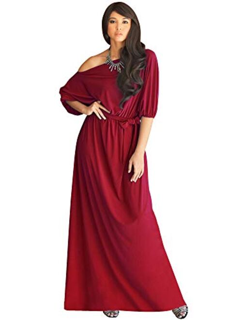 KOH KOH Womens Long Sexy One Shoulder Flowy Casual 3/4 Short Sleeve Maxi Dress