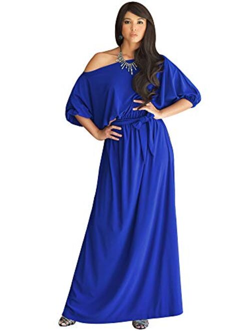 KOH KOH Womens Long Sexy One Shoulder Flowy Casual 3/4 Short Sleeve Maxi Dress