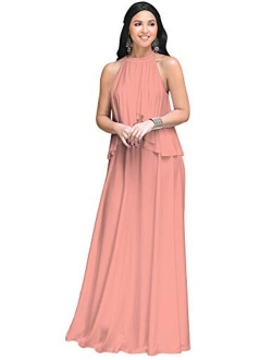 Womens Long Sleeveless Halter Layered Flowy Cocktail Summer Maxi Dress