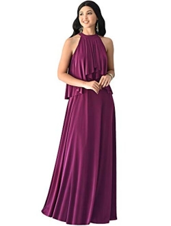 Womens Long Sleeveless Halter Layered Flowy Cocktail Summer Maxi Dress