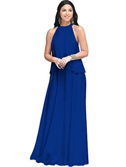 Womens Long Sleeveless Halter Layered Flowy Cocktail Summer Maxi Dress