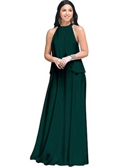 Womens Long Sleeveless Halter Layered Flowy Cocktail Summer Maxi Dress