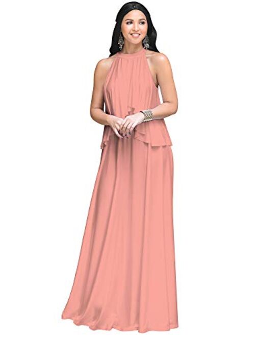 KOH KOH Womens Long Sleeveless Halter Layered Flowy Cocktail Summer Maxi Dress