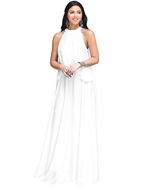 KOH KOH Womens Long Sleeveless Halter Layered Flowy Cocktail Summer Maxi Dress