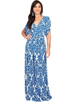 Womens Long Summer Flowy Short Sleeve V-Neck Printed Gown Maxi Dress