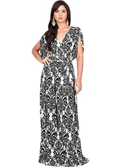 Womens Long Summer Flowy Short Sleeve V-Neck Printed Gown Maxi Dress