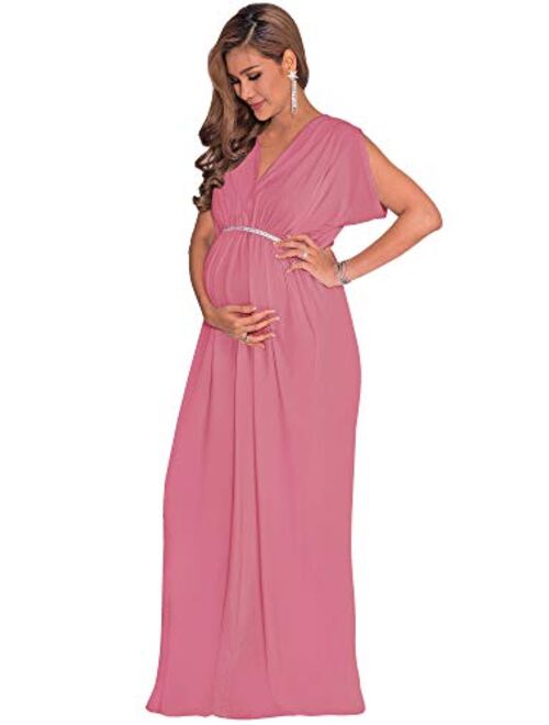 KOH KOH Womens Long Short Sleeve V-Neck Maternity Summer Flowy Gown Maxi Dress