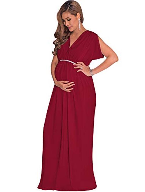 KOH KOH Womens Long Short Sleeve V-Neck Maternity Summer Flowy Gown Maxi Dress