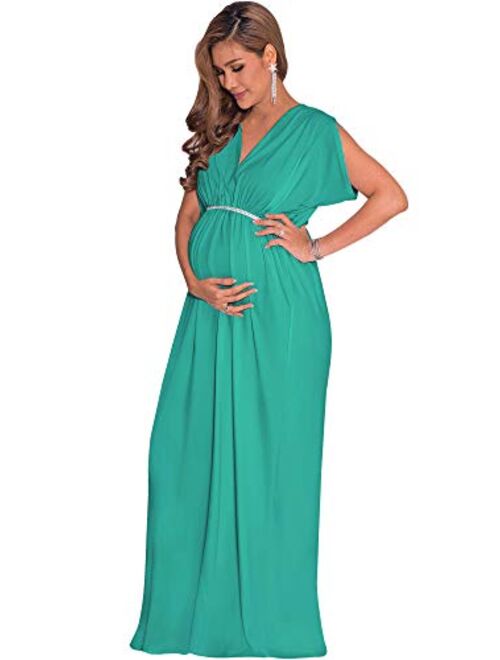 KOH KOH Womens Long Short Sleeve V-Neck Maternity Summer Flowy Gown Maxi Dress