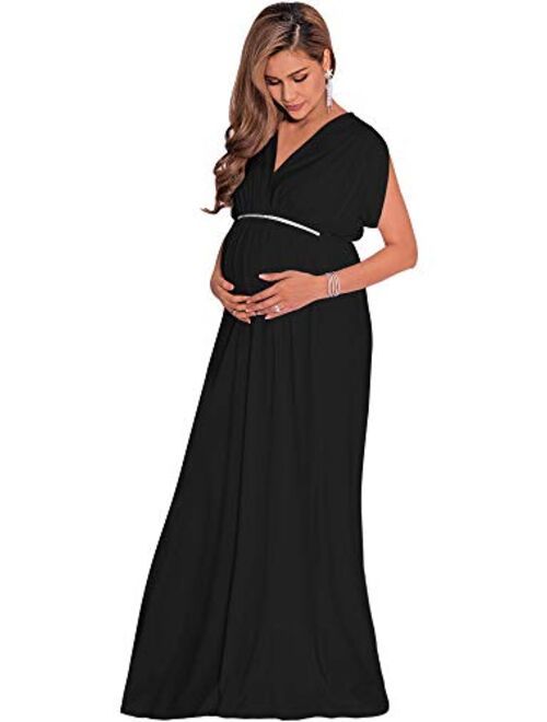 KOH KOH Womens Long Short Sleeve V-Neck Maternity Summer Flowy Gown Maxi Dress