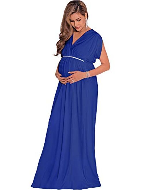 KOH KOH Womens Long Short Sleeve V-Neck Maternity Summer Flowy Gown Maxi Dress