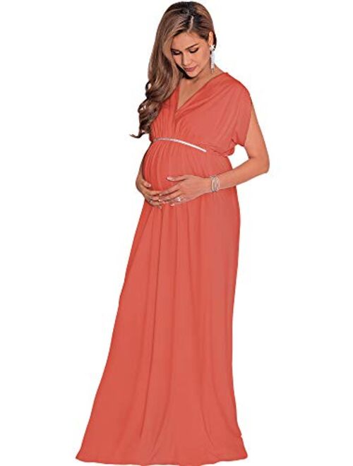 KOH KOH Womens Long Short Sleeve V-Neck Maternity Summer Flowy Gown Maxi Dress