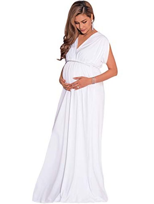 KOH KOH Womens Long Short Sleeve V-Neck Maternity Summer Flowy Gown Maxi Dress