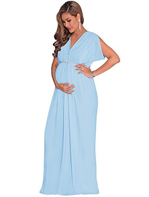 KOH KOH Womens Long Short Sleeve V-Neck Maternity Summer Flowy Gown Maxi Dress