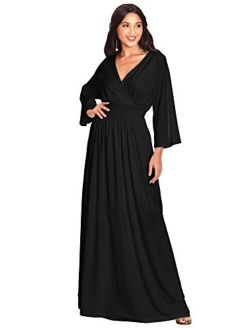 Womens Long Kimono Sleeve V-Neck Wrap Belted Empire Flowy Maxi Dress