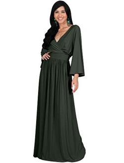 Womens Long Kimono Sleeve V-Neck Wrap Belted Empire Flowy Maxi Dress